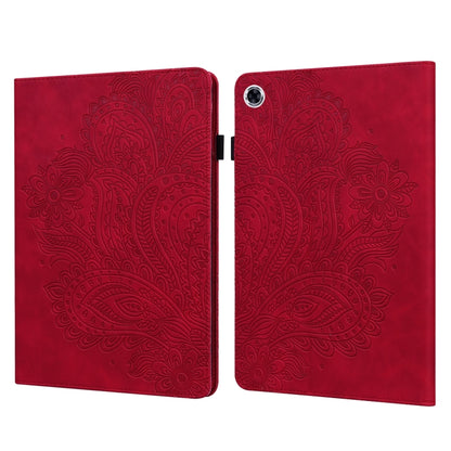 Tablet flip folio case with peacock embossed pattern, open, dark red front and back panels
