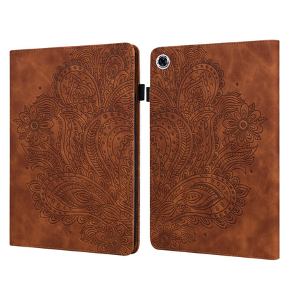 Tablet flip folio case with peacock embossed pattern, open, brown and camera lens opening