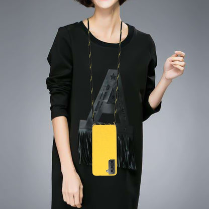 Yellow wheat-straw TPU phone case with lanyard worn as a crossbody strap
