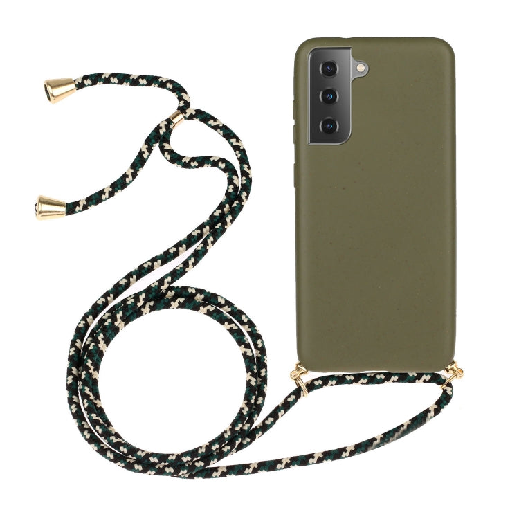 Army-green wheat-straw TPU phone case with speckled lanyard and gold-tone ends