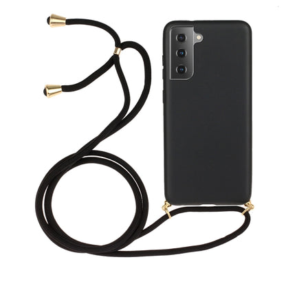 Black wheat-straw TPU phone case with black lanyard and gold-tone metal tips