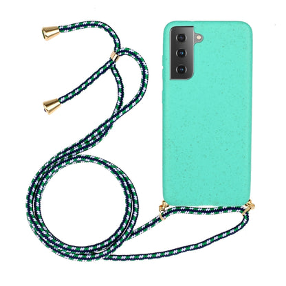 Aqua teal wheat-straw TPU phone case with blue-green patterned lanyard and clips