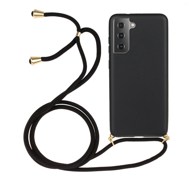 Black TPU phone case with gold-tone lanyard cords and camera cutouts