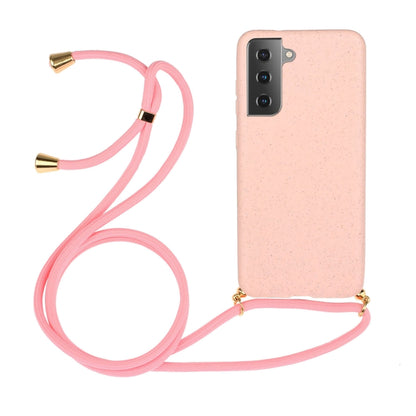 Light pink TPU phone case with gold-tone lanyard cords and camera cutout
