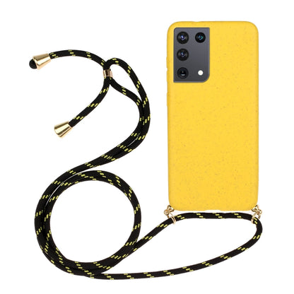 Yellow TPU phone case with black patterned lanyard and camera cutouts