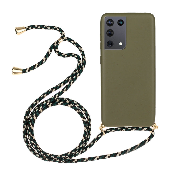 Olive TPU phone case with black patterned lanyard cord and camera cutouts
