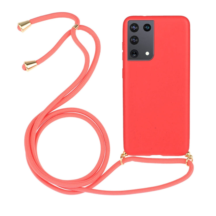Red TPU phone case with coral lanyard cords and camera cutouts