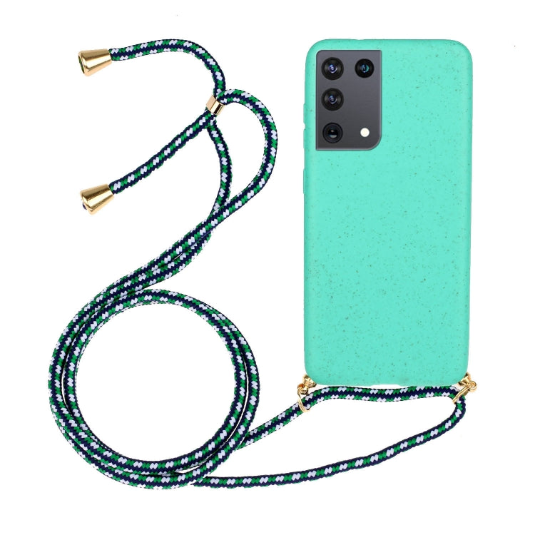 Teal TPU phone case with green-black patterned lanyard cord and camera cutouts