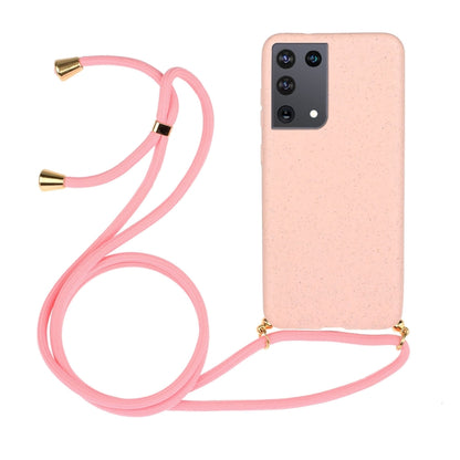 Wheat straw TPU phone case with pink lanyard, speckled back and camera cutouts