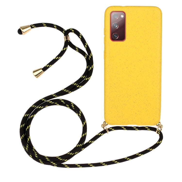 Wheat straw TPU phone case with yellow back, black patterned lanyard and camera cutouts