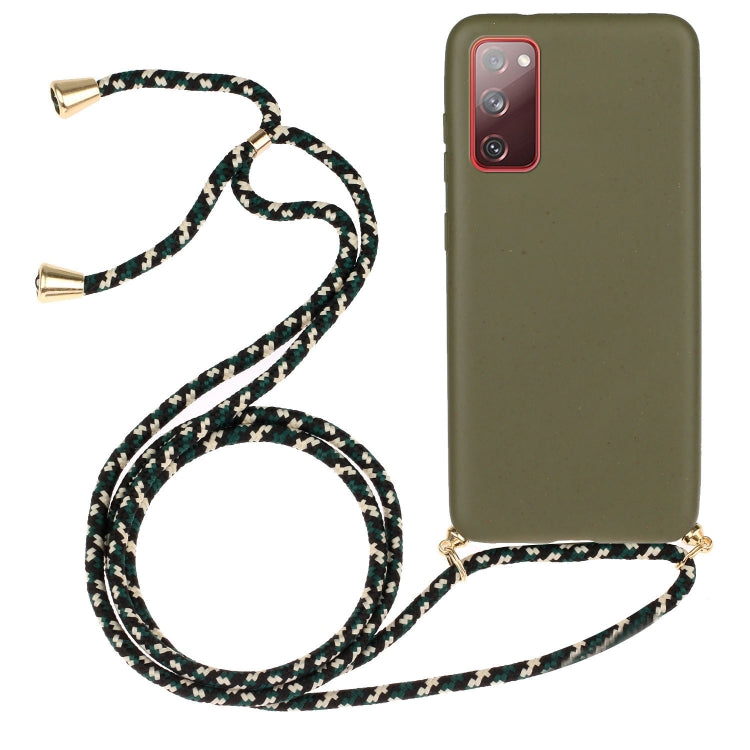 Wheat straw TPU phone case with olive green back, black patterned lanyard and camera cutouts
