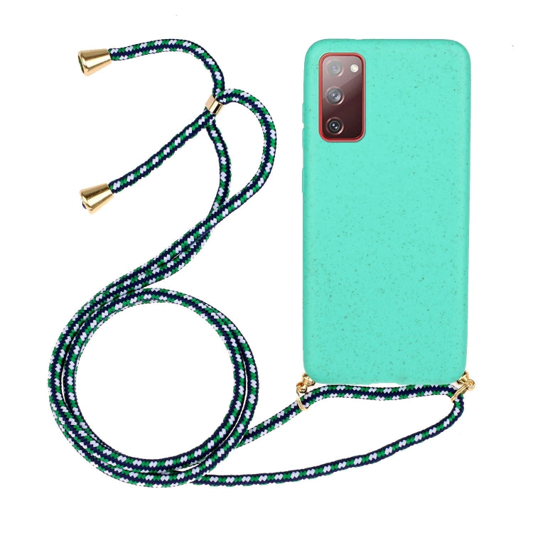 Wheat straw TPU phone case with turquoise back, green-and-black lanyard and camera cutouts