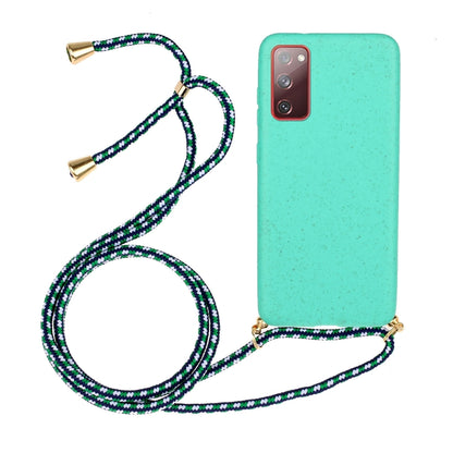 Wheat straw TPU phone case with turquoise back, green-and-black lanyard and camera cutouts