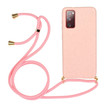 Wheat straw TPU phone case with light pink lanyard, speckled back and camera cutouts