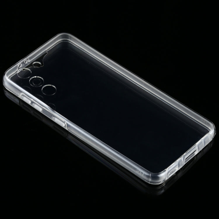 Ultra-thin transparent TPU phone case, angled view with raised edges and camera cutouts