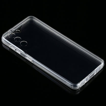 Ultra-thin transparent TPU phone case, angled view with raised edges and camera cutouts