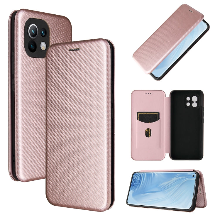 Pink carbon fiber flip phone case with magnetic closure and card slot, Xiaomi Mi 11