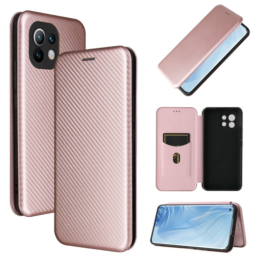 Pink carbon fiber flip phone case with magnetic closure and card slot, Xiaomi Mi 11