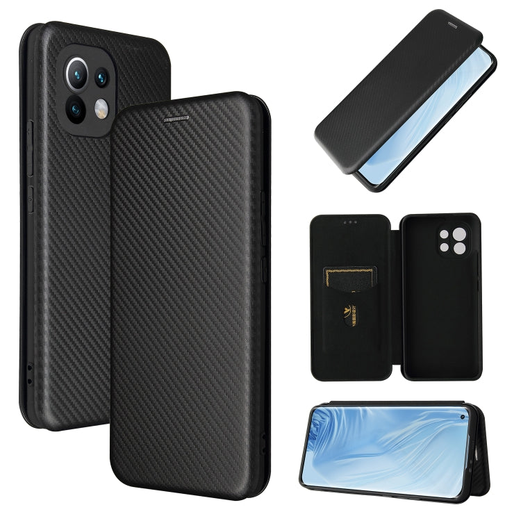 Black carbon fiber texture magnetic flip phone case with card slot, Xiaomi Mi 11