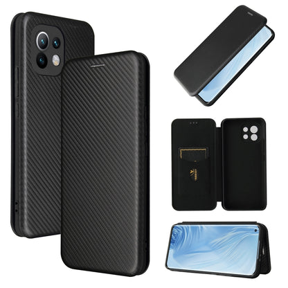 Black carbon fiber texture magnetic flip phone case with card slot, Xiaomi Mi 11