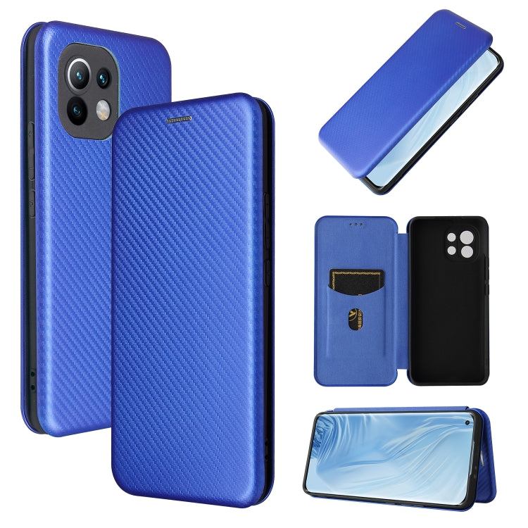 Blue carbon fiber texture magnetic flip phone case with card slot, Xiaomi Mi 11