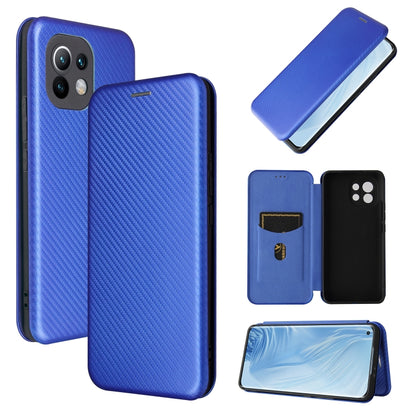 Blue carbon fiber texture magnetic flip phone case with card slot, Xiaomi Mi 11