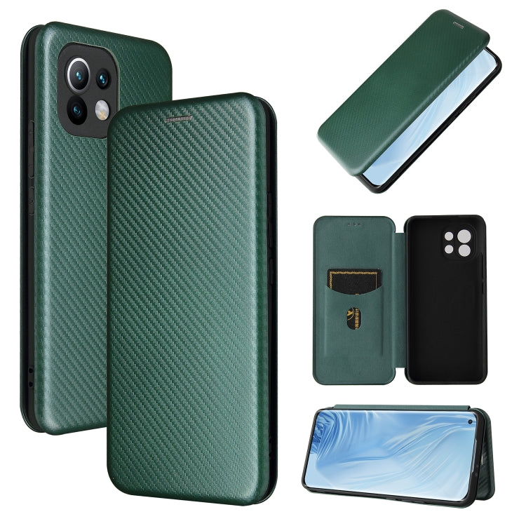 Green carbon fiber texture magnetic flip phone case with card slot, Xiaomi Mi 11