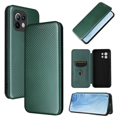 Green carbon fiber texture magnetic flip phone case with card slot, Xiaomi Mi 11
