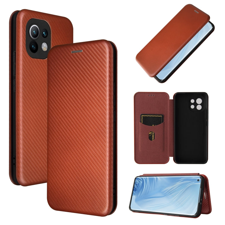Brown magnetic flip phone case with carbon-fiber texture, card slot, and horizontal cover