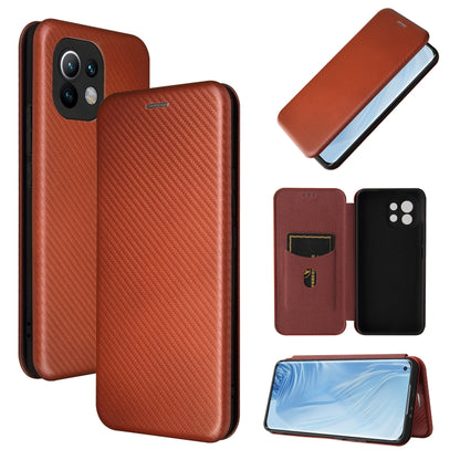 Brown magnetic flip phone case with carbon-fiber texture, card slot, and horizontal cover