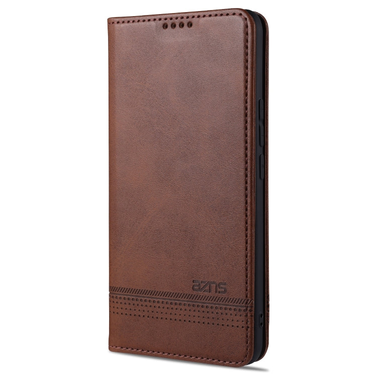 Dark brown flip phone case with stitched edges and perforated bottom panel