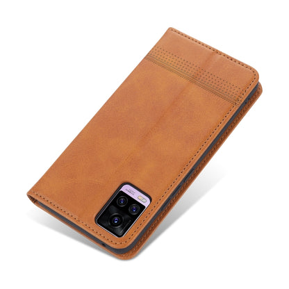 Tan leather wallet phone case with front camera opening and perforated stripe