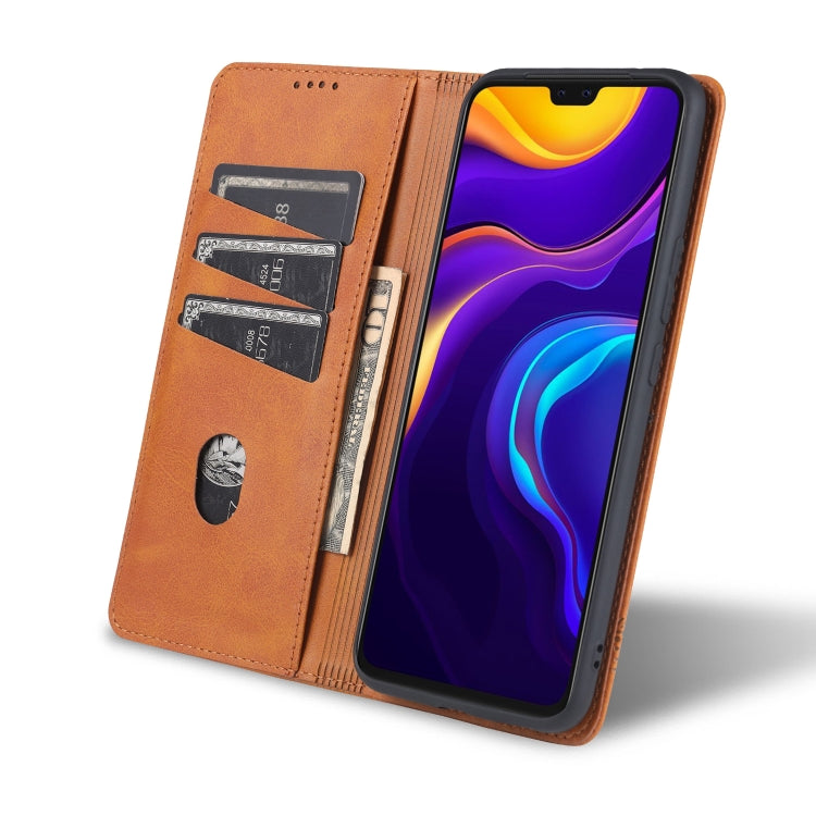 Orange-brown magnetic flip leather case with card slots and wallet pockets open