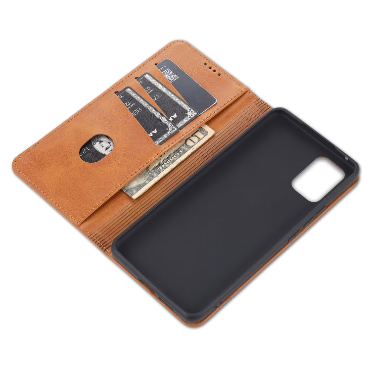 Orange-brown leather phone case with card holder slots and open wallet back