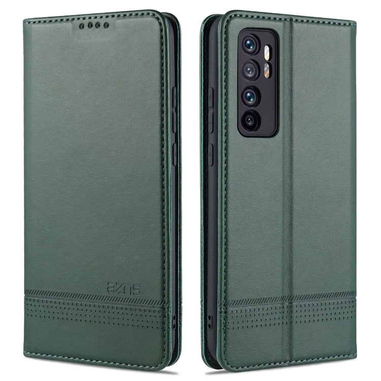 Dark green flip leather phone case with textured finish and rear camera cutout
