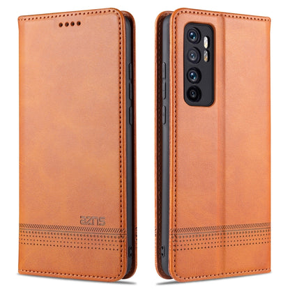 Brown leather flip phone case with card slots, wallet holder, and magnetic closure