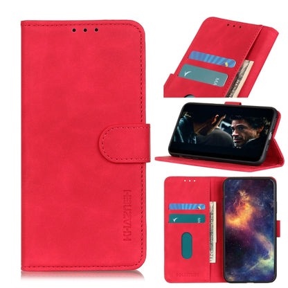 Red PU leather flip case with card slots and built-in phone holder