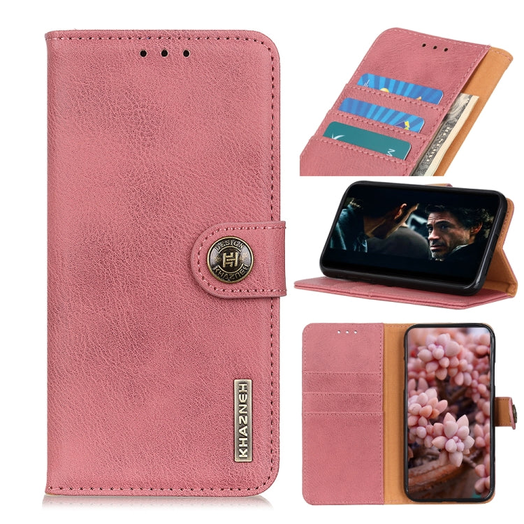 Pink cowhide-texture flip leather phone case with card slots and magnetic holder.