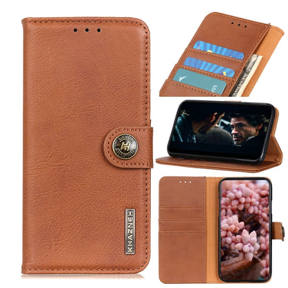 Brown cowhide-texture flip leather phone case with card slots and stand holder.