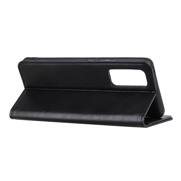 Black leather flip phone case with hand strap cutout and foldaway cover