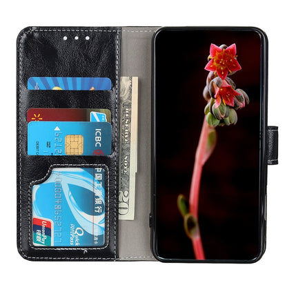 Black flip leather case open view with multiple card slots and photo window