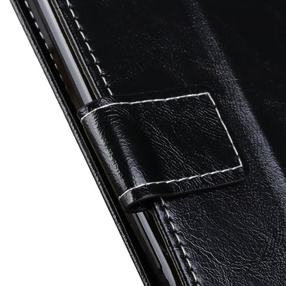 Black leather flip case corner with stitched flap and magnetic strap
