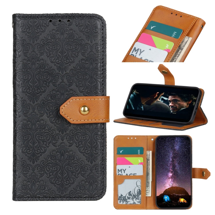 Black embossed floral PU leather flip phone wallet case with copper buckle clasp and card slots