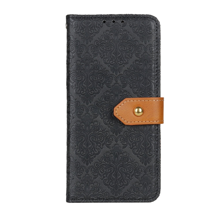 Black embossed floral PU leather flip phone wallet case with copper buckle clasp