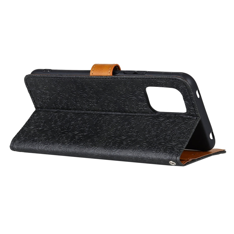 Black embossed floral PU leather flip wallet case with side strap and cutout window