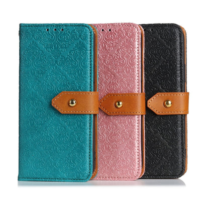 Embossed floral PU leather flip phone wallet cases in teal, pink, and black with copper clasps