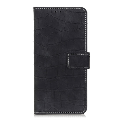 Crocodile-texture flip leather phone case, black, closed front with stitched border