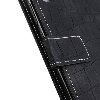 Crocodile-texture flip leather phone case, black, stitched card pocket close-up