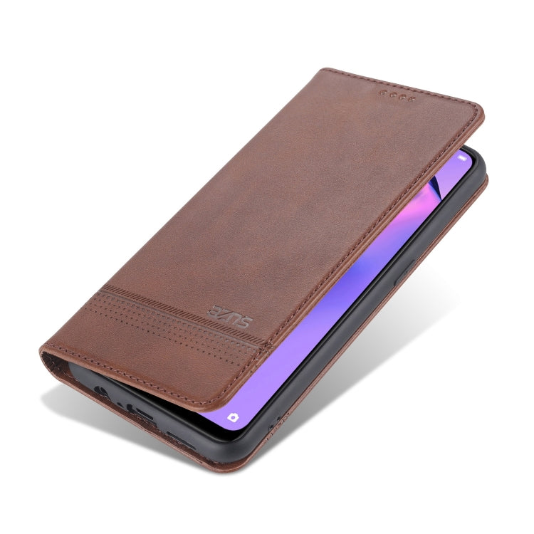 AZNS magnetic flip leather phone case, dark brown, stands open for viewing