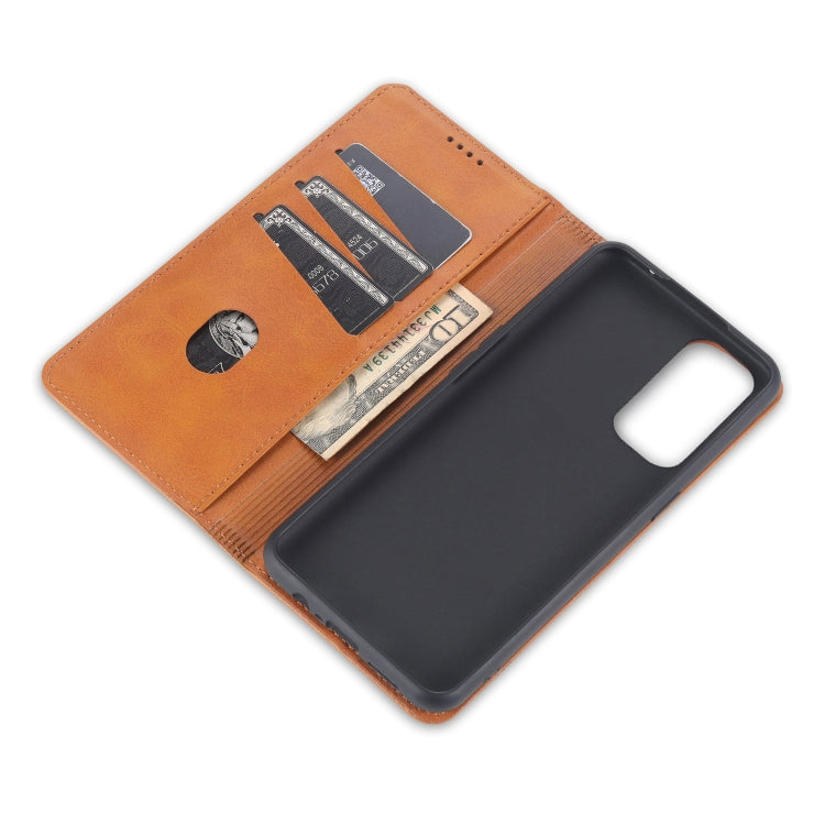 AZNS magnetic flip leather phone case, orange-brown open wallet with card slots